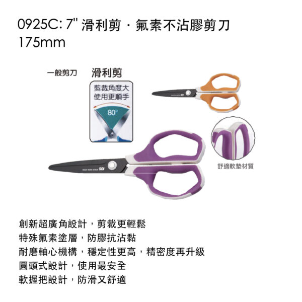 0925C: 7" 滑利剪．氟素不沾膠剪刀175mm