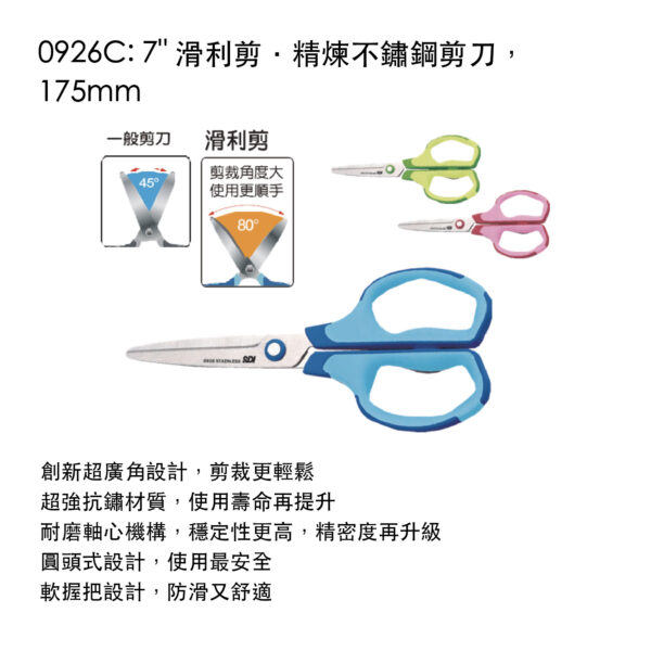 0926C: 7" 滑利剪．精煉不鏽鋼剪刀，175mm