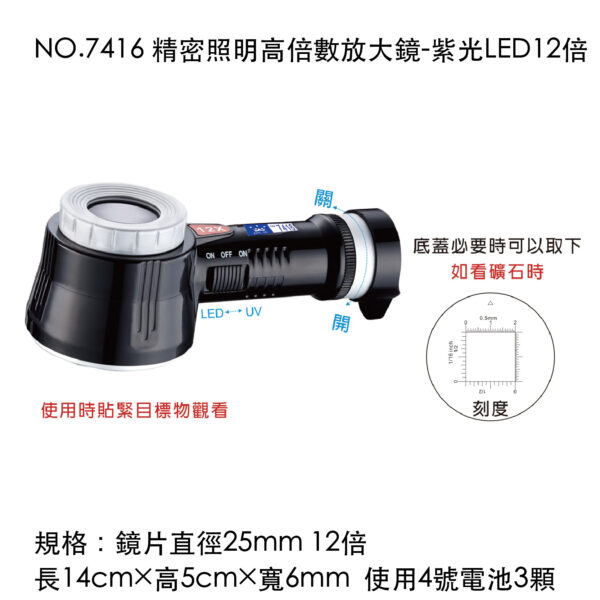 NO.7416 精密照明高倍數放大鏡-紫光LED12倍